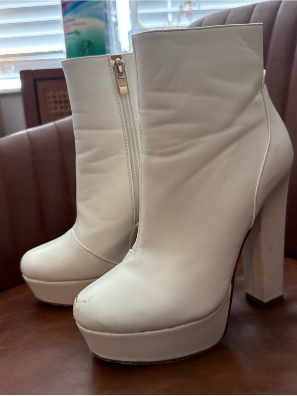Women's White Platform Boots with gold Side Zipper